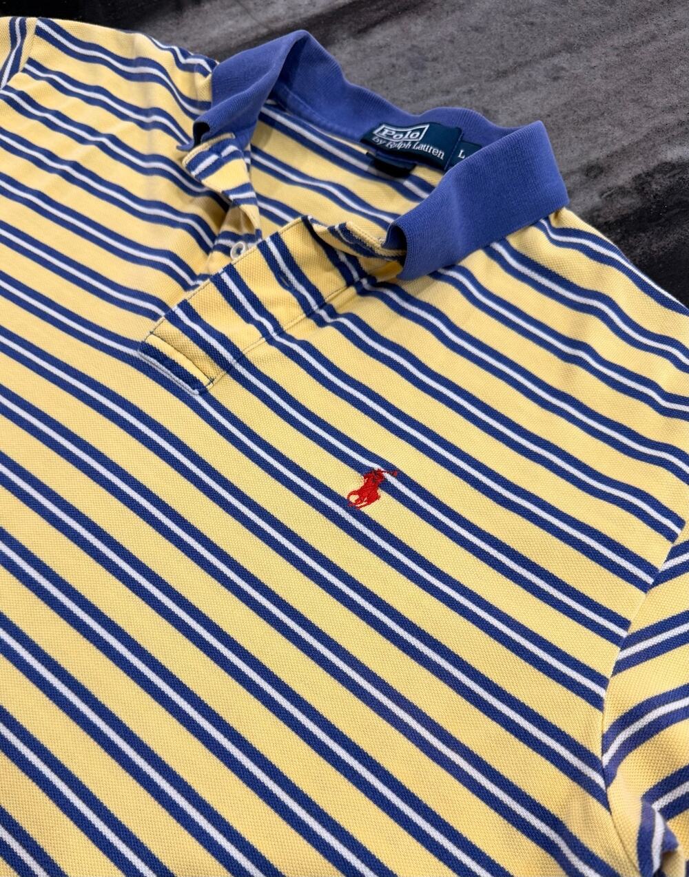 Vintage Polo Ralph Lauren Mens L Yellow Blue Striped Golf Shirt Red Pony